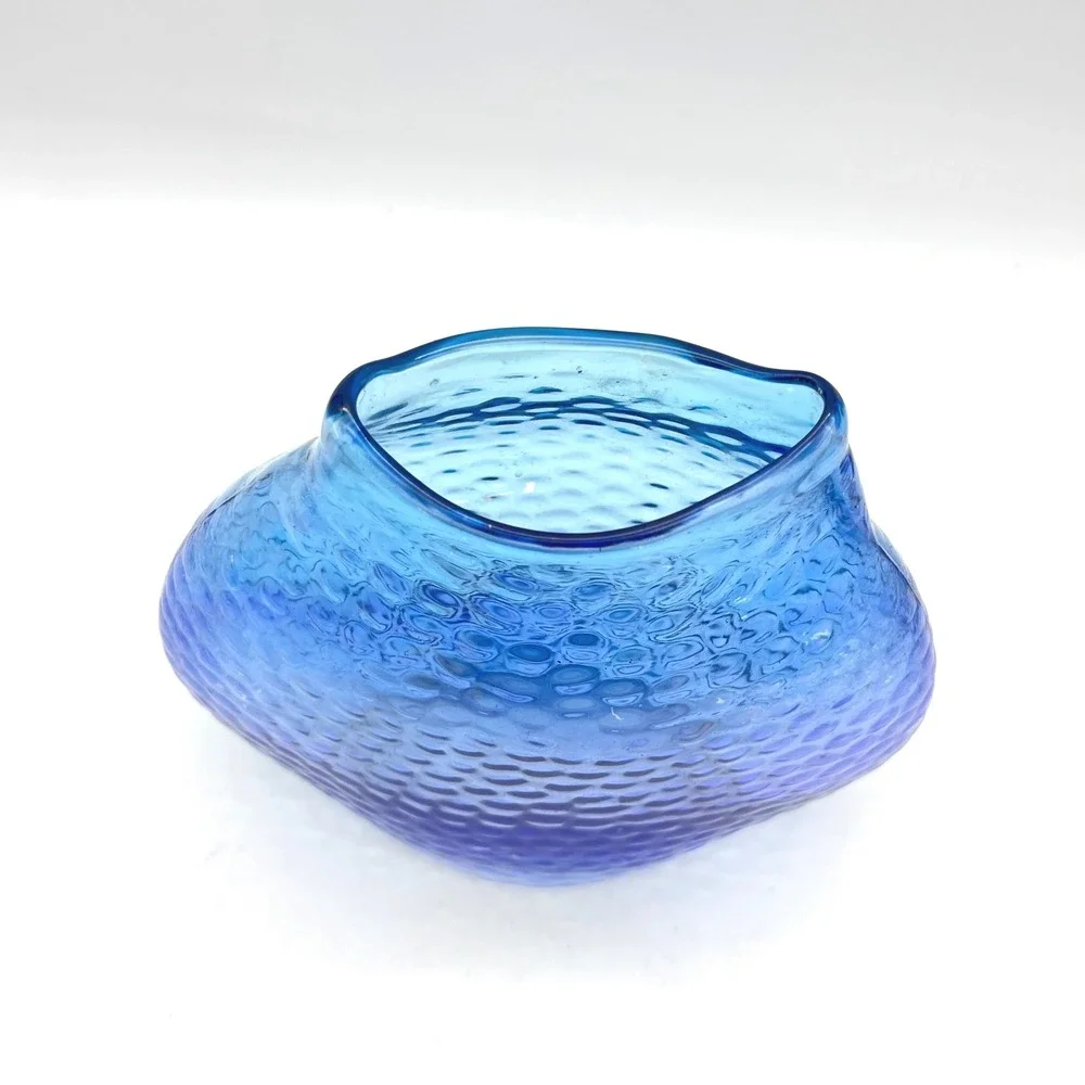 Hand Blown Blue Dimpled Art Glass Vase 7.5 Inch Hammered Texture